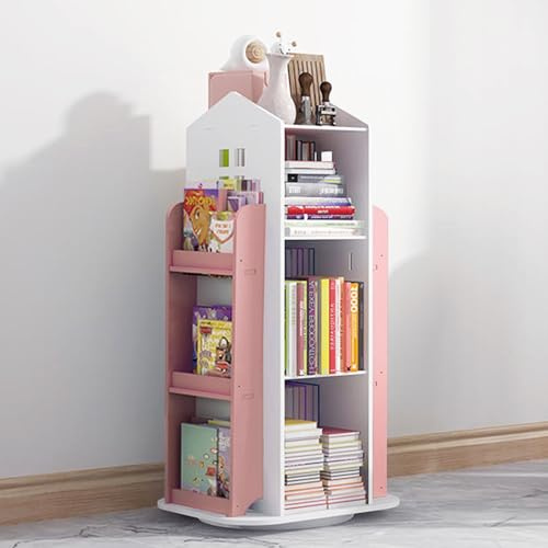 BTGGG 3 Tier Rotating Bookshelf Children's Bookcase Bookshelves with Storage Space, Castle 360° Kids Bookshelf and Shelving Units Free Standing Revolving Bookcase for Living Room Study Playroom, Pink