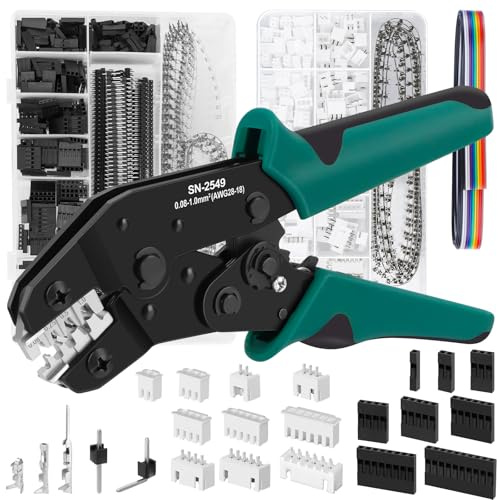 Alicates de Crimpar SN-2549 con 2060 Conectores 2,54 mm, Kit de Terminales y Carcasas XH, AWG 28-18 0,08-1,0 mm², Conectores de 1 a 10 Pines, Tiras de Pines y Cable Plano de 1,5 m