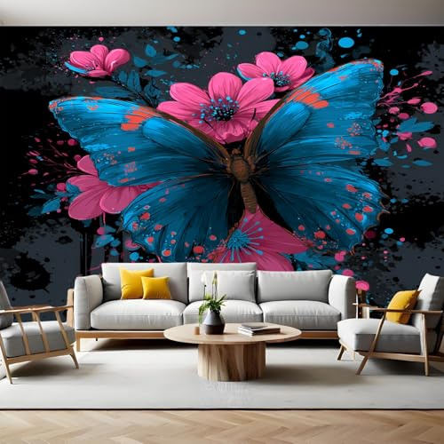 Negro Profundo Fotomurales Tejido no Tejido Doodle Mariposa Margarita Papel Pintado Decor de Pared Murales Póster Efecto 3D Papel Tapiz Moderno para Dormitorio Salón TV Pared 300 x 210 cm