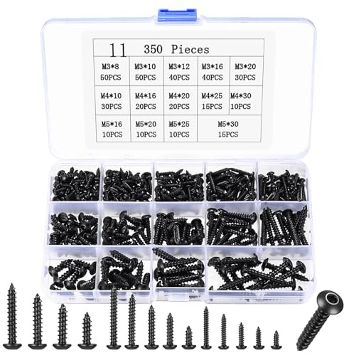 350 tornillos autorroscantes con tornillos de cabeza redonda negros, M3, M4, M5, hexágono interior, tornillos de cabeza plana, tornillos para madera para paneles acústicos, accesorios