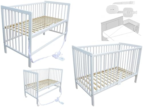 Micoland Kinderbett - Beistellbett - Babybett 120x60 cm umbaubares Bett mit Gurt und Rädern (Weiss)