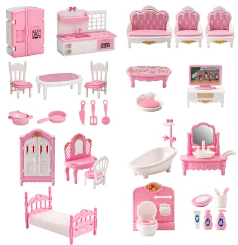 Xoeryoy 4 Sets Juego de Muebles de casa de muñecas, miniaturas de casa de muñecas de plástico realistas Incluye Cocina, Dormitorio, baño y Sala de Estar Kit de Bricolaje, Accesorios de Casas de