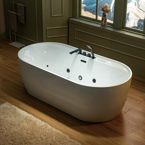 WOODBRIDGE 72 x 35-3/8 Whirlpool and Air Bath Heated Soaking Combination Tub with Adjustable Speed Air Blower, Tub Filler, and LED control panel, Matte Black Finish Trim and Drain Kit, BM500+F0051MB