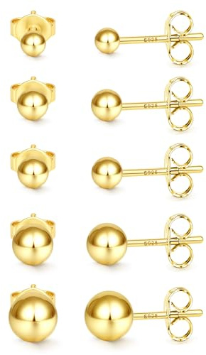 Morfetto 5 Paar Ohrringe Silber 925 Hypoallergene Ohrstecker Set Damen - Kleine 14K Gold Vergoldet Ohrstecker Zirconia Kugel Herz Blumen Perlen Ohrringe Silber 925 Stecker Schmuck Geschenke