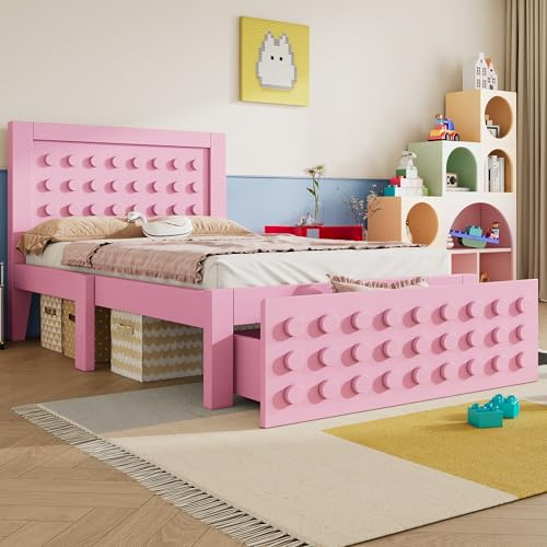 NADEUSAK Cama individual de 90 x 190 cm, cama de madera, cama juvenil con diseño creativo de bloques, estructura de madera maciza con somier, con cajones, cama inferior, espacio de almacenamiento