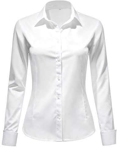 Okdance Womens Long Sleeve Blouse Stretch Fitted Formal Button Down Shirt Wrinkle Business Casual Work Office Ladies Blouses (UK, Alpha, M, Regular, Regular, White)