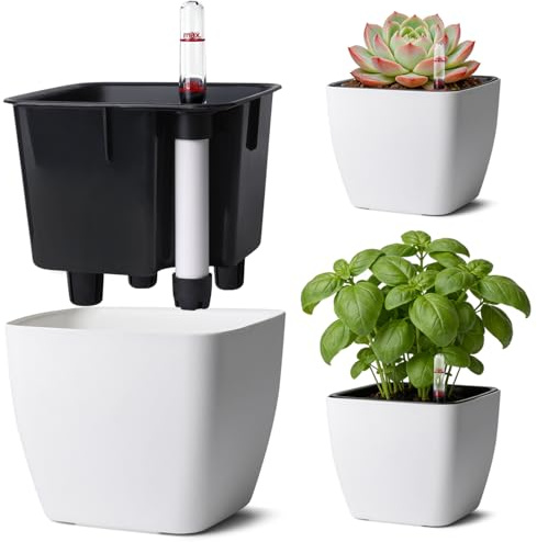 T4U 3Pcs 12,5cm Eckig Selbstbewässerungstopf mit Wasserstandsanzeige, Blumentopf für vielbeschäftigte Anfänger und Gärtner, geeignet für Basilikum/Petersilie, für den Innen und Außenbereich (Weiß)