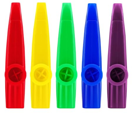 ffalstaff Kit de 5 Kazoo de colores de plástico resistente – Ideal para niños y adultos (5 colores diferentes – azul, morado, amarillo, rojo, verde) (5 unidades)