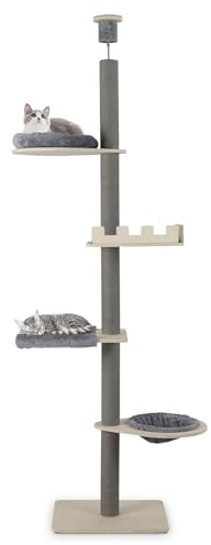 COSTWAY Kratzbaum deckenhoch, 236-271 cm, von Boden bis Decke, 5-stöckiger Katzenbaum, Dicke Stämme, Katzenkratzbaum hoch, Kletterbaum mit Hängematte & Korb & Bett, Katzen Katzenmöbel Holz, Grau