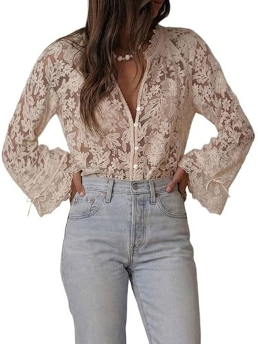 GORGLITTER Women's Lace Long Sleeve Tops Boho Peasant Ruffled Blouse Bell Long Sleeve Mesh Sheer Button Down Shirt Apricot Small