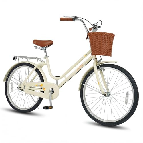Goplus Beach Cruiser Bike for Women, 24/26 Inch Commuter Bicycle w/Basket, Rear Rack, Bell, Low Step Through Frame, Adjustable Seat, City Bike for Teens, Adults, Ladies, Female (Beige,24 Inch)