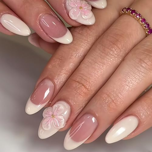 3D Blumen Kunstnägel Zum Aufkleben - 24 Stück French Press on Nails Almond - Einfarbig Weiß Rosa Französisch Floral Künstliche Fingernägel - Sommer Full Cover Falsche Nägel DIY Maniküre Für Frauen