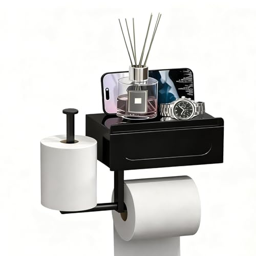 Toilettenpapierhalter, Klopapierhalter mit Feuchttücherbox, Wasser- und Feuchtigkeitsbeständig, Nagelfreie Montage, mit Ablage, Der Toilettenpapierhalter Schwarz ist für Das Badezimmer