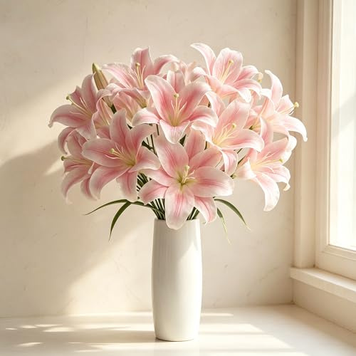 MINWEGI 12 Stems Realistic Artificial Lilies Flowers - Pink Faux Lily for Home Decor, Wedding Centerpieces, Table Arrangements (Bendable Stems, No Maintenance)