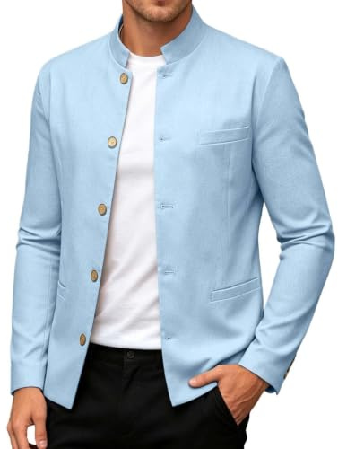 Herrkavaj, regular fit, bomull, linne, ståkrage, kostymjacka, en rad | Enfärgad button down linnekavaj strykfri affärsjacka fritid bröllop snygg elegant