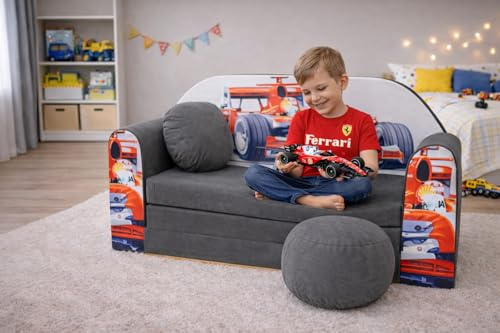 Pro Cosmo umwandelbares Kindersofa – perfekt zum Spielen und Schlafen – mit Abnehmbarer Matratze, Kissen und Pouf – 98x168x59 cm – leicht und einfach zusammenklappbar - A22 - Grau/Rot - F1