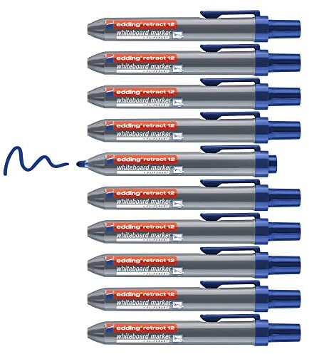 edding 12 Retract Whiteboardmarker - blau - 10 Whiteboard Stifte - Rundspitze 1,5-3 mm - kappenloses Design - für die einhändige Bedienung auf Whiteboard, Flipchart, Magnettafel, Pinnwand, Memoboard
