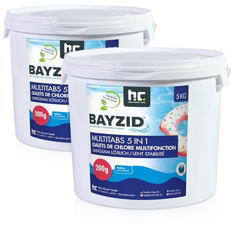 BAYZID Chlor Multitabs 5 in 1-200g Chlortabletten für Pool - 2 x 5kg (10kg) - 5-Phasen Pflege & Reinigung - Made in Europe - Für kristallklares Poolwasser