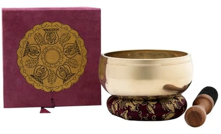 Klangschale mit Dhyani-Buddha-Relief in schöner Geschenk-Box aus nachhaltigem Naturpapier I Inkl. Klöppel/Ring I Fair Trade aus Nepal I Echte Handarbeit