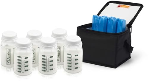 Ameda MYA Cool N Carry Portable Breast Milk Cooler Bag | Breastmilk Storage | Includes Insulated Cooler Bag, 3 Freezer Packs & 6 Breast Milk Storage Bottles
