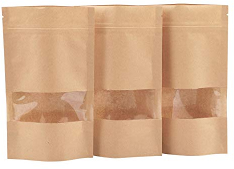 Katfort Kraftpapiertüten mit Fenster, 100 Stück, 19,8 x 11,7 cm, aufstellbare Beutel, wiederverschließbare Papiertüten für kleine Unternehmen, Familie, Unternehmen