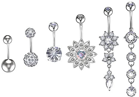 YHmall 6 Stück Bauchnabelpiercing Bauchnabel Bauch Edelstahl Zirkon Piercing Nabelring Schmuck für Damen,6 Stile (Silber) MEHRWEG