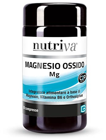NUTRIVA Magnesio Ossido, Integratore Alimentare a base di Magnesio Ossido, Vitamina B6 e Orthosiphon, PMS, Gonfiore, Digestione, Drenante, Supporto Intestinale, 50 compresse, Vegan