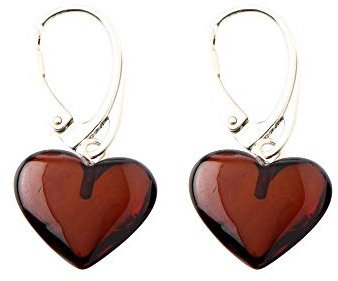 TheNaturalAmber Amber Earrings – Cherry Baltic Amber Heart Drop Earrings in Sterling Silver 925, Polished Dangle Design for Women