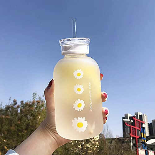JZSMY Botella de agua de 480ml para leche y zumo con escala, 2 tapas, pequeña margarita, mate, portátil, botella de agua creativa y práctica (4 flores)