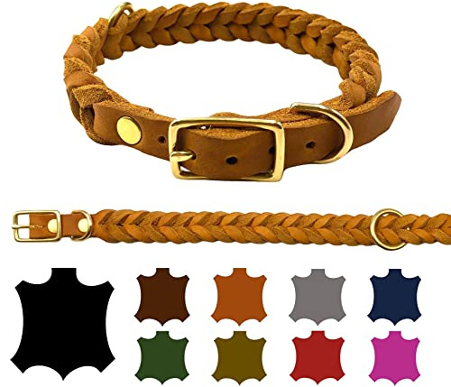 Hundehalsband Fettleder große Hunde verstellbar Messing handgeflochten Made IN Germany Lederhalsband (XS 27cm-33cm Breite:20mm, Cognac)