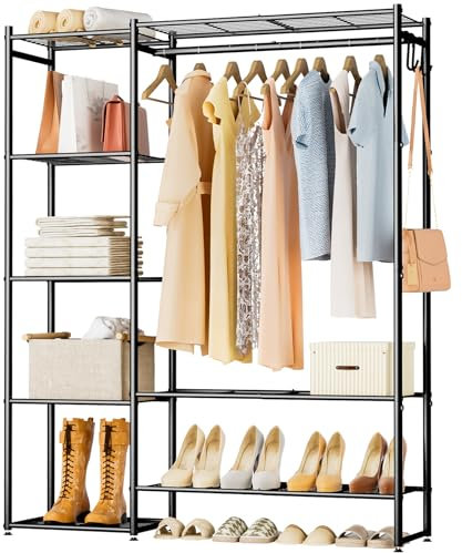 Neprock Clothes Rails for Bedroom, FreeStanding Open Wardrobe Closet with Hanging Rail, 4 Storage Shelves, 3 Hooks and 2 Bottom Shelves, Portable Metal Clothing Rack for Shoe and Clothes Storage,Black