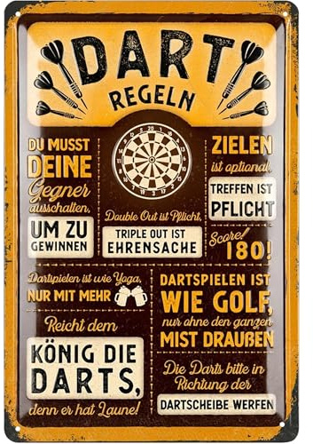 LANOLU Retro Blechschild DART Regeln - Bar und Partykeller Dekoration, Irish Pub Deko, lustiges Geschenk für Männer, vintage Metallschild mit Stanzung und Wölbung, 20x30cm