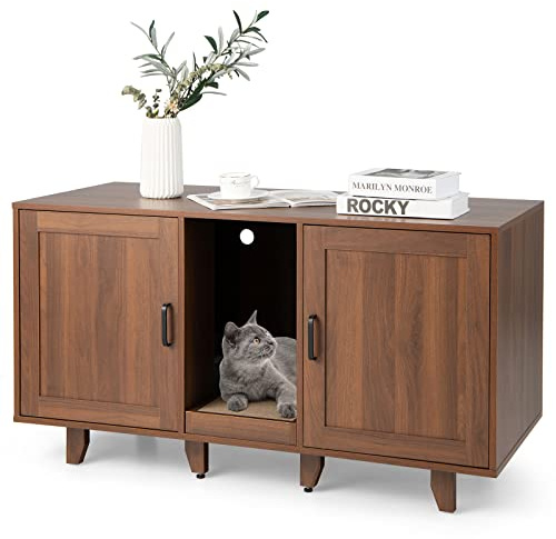 COSTWAY Cajas de Arena para Dos Gatos, Casa de Baño Oculto para Mascota con 2 Puertas, Arenero Cubierto con Entrada Sinuosa y Tablero Rascador, Mesa Auxiliar para Gatos 120 x 52 x 65 cm (Marrón)