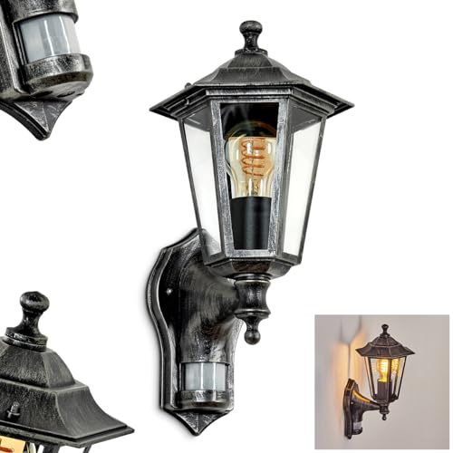 HOFSTEIN Außenwandleuchte Loria, Außenwandlampe mit Bewegungsmelder aus Metall/Glas in Schwarz-Silber/Klar, Wandleuchte im Retro/Vintage/Landhaus-Design, E27, IP44, Eingangsbereich, Terrasse, Haustür
