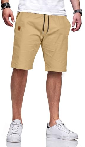 JustSun Pantaloncini corti da uomo, pantaloncini estivi da uomo, in cotone chino, pantaloni corti in vita elasticizzata con coulisse, cachi, 3XL