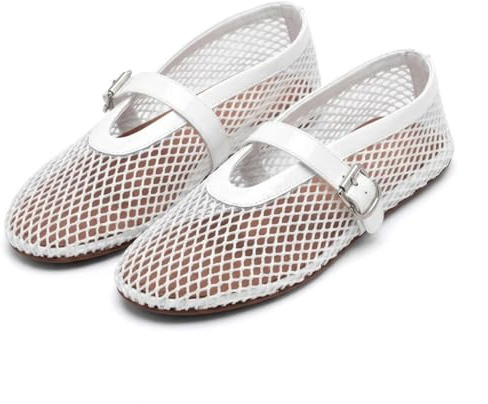 Women's Mesh Ballet Flats Buckle Strap Comfortable Ballerina Shoes Ladies Clear Fishnet Wide Width Flats for Women Slip-on Casual Dress Mary Jane Flats Fall 2025