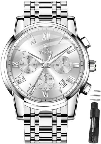 Taxau Uhr Herren Chronograph 30M Wasserdicht Großes Zifferblatt Edelstahl