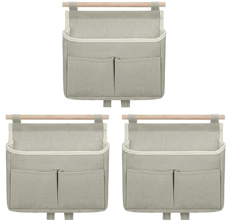 champracer 3 Stück Hängende Aufbewahrungstasche Hängend Hohe Kapazität Wand Organizer Hängend, 3 Fächer Leinen Stoff Organizer Hängend mit Haken für Kinderzimmer, Zuhause, Schlafsaal, Bad (Grau)