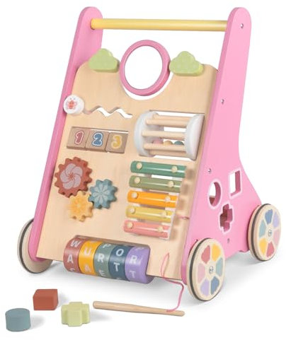 Bautia Girello in legno per bambine di 1 anno, con giocattoli educativi, centro attività 2 in 1 per bambine di 12 mesi, regali con forme, frasi e specchio