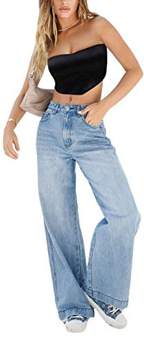 LYSINK Women Wide Leg Jeans Loose High Waisted Straight with Pockets Pants Summer Spring Casual Denim Long Trouser (Ba Dark Blue, XS)