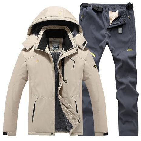 Tuta da sci da uomo, set da 2 pezzi, tuta da neve da uomo, in due pezzi, per attività all'aria aperta, antivento, con cappuccio, traspirante, softshell e pantaloni da neve, Z-Khaki, M