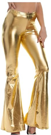 Women's Shiny Flare Pants, 80's High Waist Metallic Flared Trousers for Disco, Wide Length Leggings for Dancewear Nightclub, Full Length Sexy Wet Look Yoga Palazzo Trousers for Party Rave Carnival