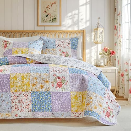 Joyreap Floral Cotton Quilt Set, Colorful Flowers Grid Patchwork Design, 3 Pieces Queen Size Quilt Bedding Set, Soft n Cozy Bedspread Bed Cover for All Season- 90x90 inches