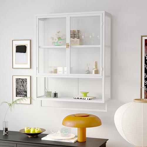 Armoire murale, style rétro, en verre, avec étagères amovibles, convient pour bureaux, salles à manger, salons, cuisines et salles de bains (A4-blanc)