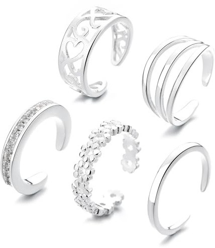 5PCS Silver Rings for Women, Toe Rings for Women, Adjustable Toe Rings, Simple Sterling Silver Toe Ring, Lightweight Open Adjustable Women's Toe Rings