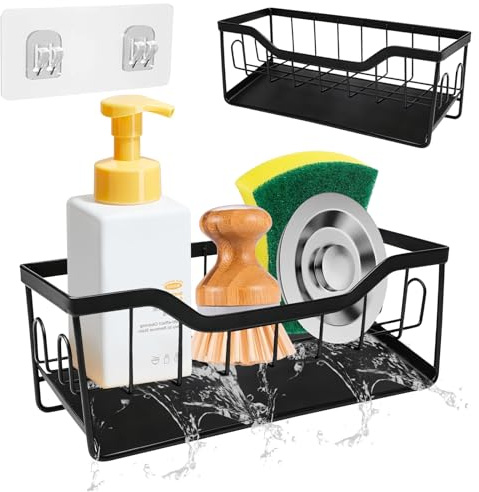 Schwammhalter Spülorganizer Hängend Spülbecken Organizer - Schwarz Sink Badezimmer Organizer Handtuchhalter Abflusspfanne/ 304 Edelstahl Küche Spülbecken Organizer Wand für Badezimmer Schlafzimmer