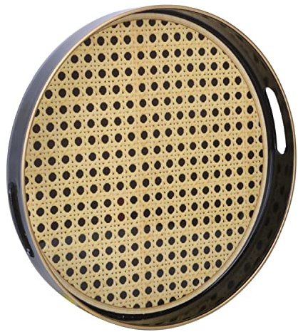 Simmer Stone Plateau décoratif rond en plastique marbré avec poignées, coiffeuse moderne et de service pour ottoman, table basse, cuisine et salle de bain, taille 33 cm (motif tissé)