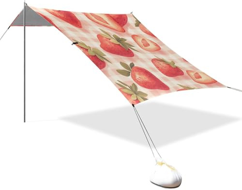 Red Strawberries - Parasol plegable a cuadros para playa, UPF50+, impermeable, con bolsillos de arena, para viajes familiares, picnics y camping