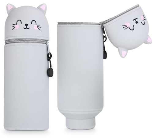 Syvory Kawaii Federmappchen,2 in 1 Silikon-Federmappchen, Tier Stifthalter, Stand Up Weiches federmappchen, stiftemappchen, Tischstifthalter Cartoon (Grey)