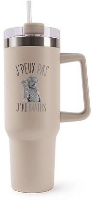 Planetee Mug Isotherme 1,2L - Je peux pas Maths Einstein.png Beige – Bouteille avec Anse, Paille et Couvercle – Idée Cadeau Gourde Personnalisée